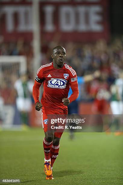 Jair Benitez of FC Dallas runs up the field during a game against the Portland Timbers at Toyota Stadium on March 29, 2014 in Frisco, Texas.