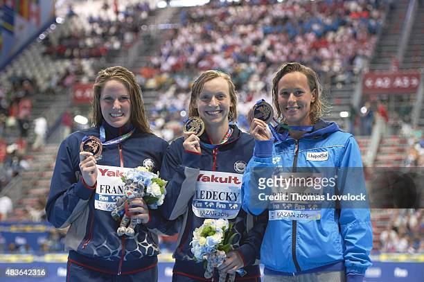 16th FINA World Championships: USA Missy Franklin, Katie Ledecky and Italy Federica Pellegrini victorious with medals after Women's 200M Freestyle...