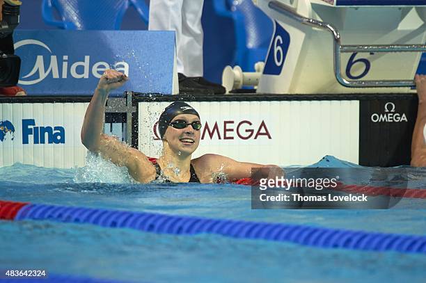 16th FINA World Championships: USA Katie Ledecky victorious in pool after winning gold in the Women's 200M Freestyle Final at Kazan Arena. Kazan,...