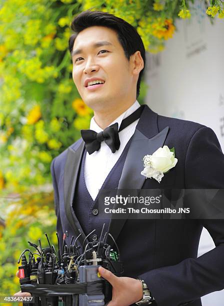 Jung Gyu-Woon poses for photographs before the wedding at The Raum on April 5, 2014 in Seoul, South Korea.