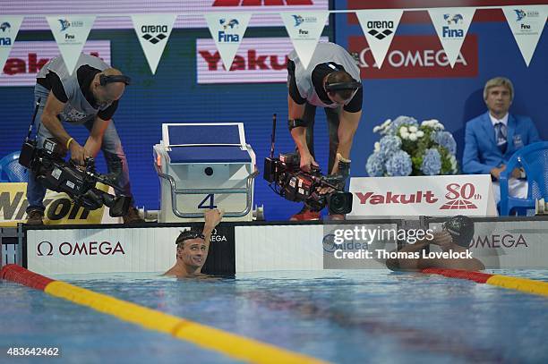 16th FINA World Championships: USA Ryan Lochte in pool after Men's 200M Individual Medley Final at Kazan Arena. Lochte won gold. Kazan, Russia...