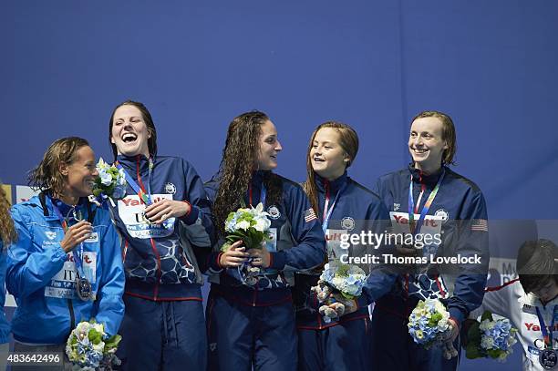 16th FINA World Championships: USA Missy Franklin, Leah Smith, Kate McLaughlin and Katie Ledecky victorious with gold medals after winning Women's...