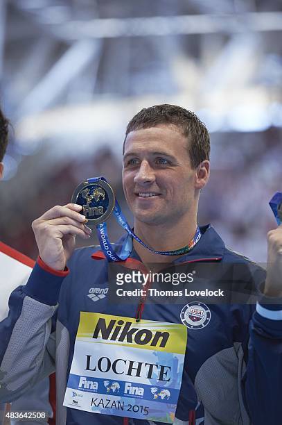 16th FINA World Championships: USA Ryan Lochte victorious with gold medal after Men's 200M Individual Medley Final at Kazan Arena. Kazan, Russia...