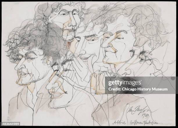 Multiple superimposed portraits of Abbie Hoffman testifying, in a courtroom illustration during the trial of the Chicago Eight, Chicago, Illinois,...