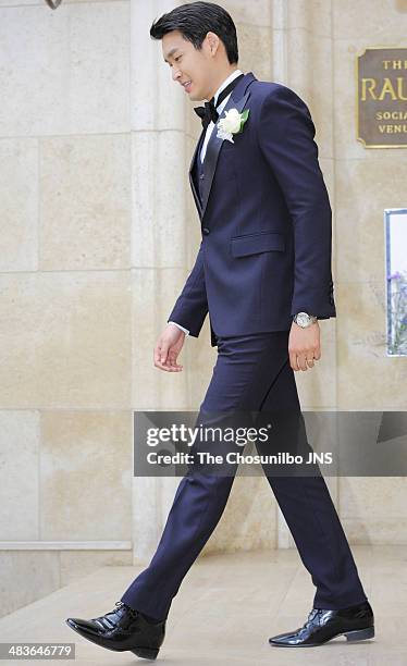 Jung Gyu-Woon poses for photographs before the wedding at The Raum on April 5, 2014 in Seoul, South Korea.