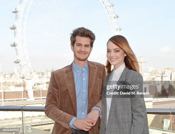 Andrew Garfield and Emma Stone attend "The Amazing Spider-Man 2" photocall at Park Plaza Westminster Bridge Hotel on April 9, 2014 in London, England.