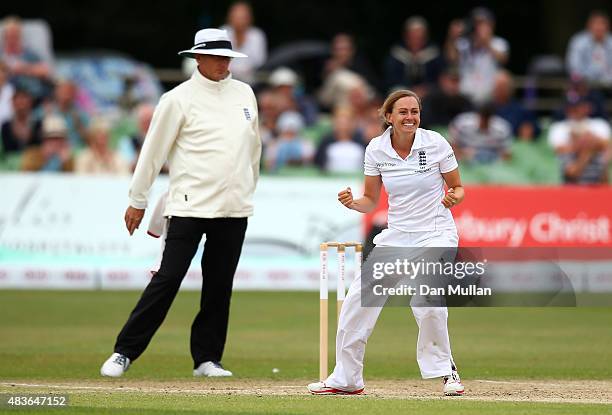 Laura Marsh of England celebrates taking the wicket of Megan Schutt of Australia during day one of the Kia Women's Test of the Women's Ashes Series...