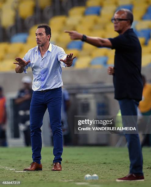 Mexico's Leon's coach Gustavo Cristian Matosas and Brazlian Flamengo's coach Jaime de Almeida, gesture during the Libertadores Cup football match at...