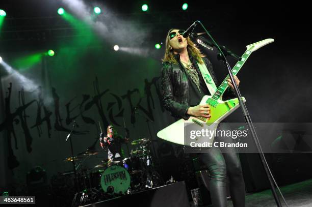 Arejay Hale and Lizzy Hale of Halestorm perform on stage at The Forum on April 9, 2014 in London, United Kingdom.