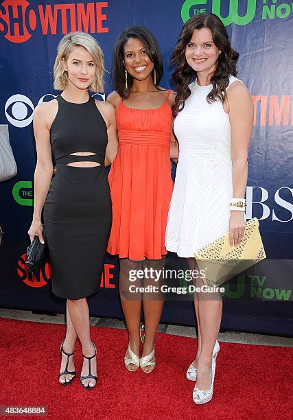 Actors Linsey Godfrey, Karla Mosley and Heather Tom arrive at the CBS, CW And Showtime 2015 Summer TCA Party at Pacific Design Center on August 10,...