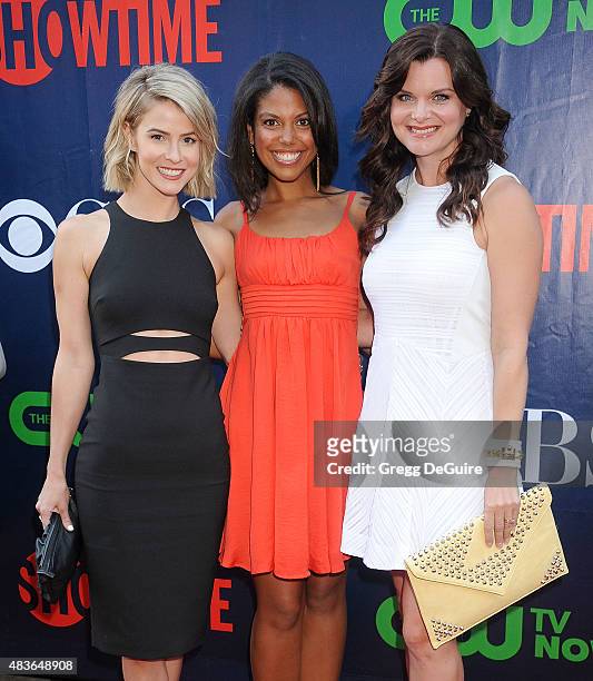 Actors Linsey Godfrey, Karla Mosley and Heather Tom arrive at the CBS, CW And Showtime 2015 Summer TCA Party at Pacific Design Center on August 10,...