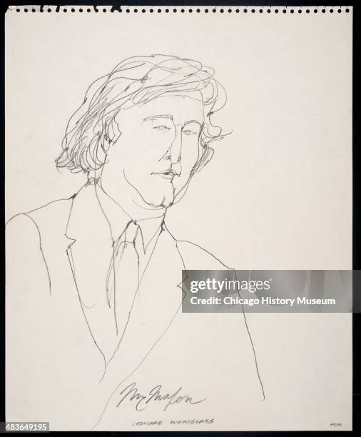 Leonard Weinglass, in a courtroom illustration during the trial of the Chicago Eight, Chicago, Illinois, late 1969 or early 1970. The Eight, or Seven...