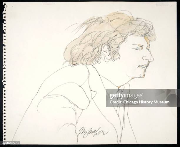 Leonard Weinglass speaking, in a courtroom illustration during the trial of the Chicago Eight, Chicago, Illinois, late 1969 or early 1970. The Eight,...