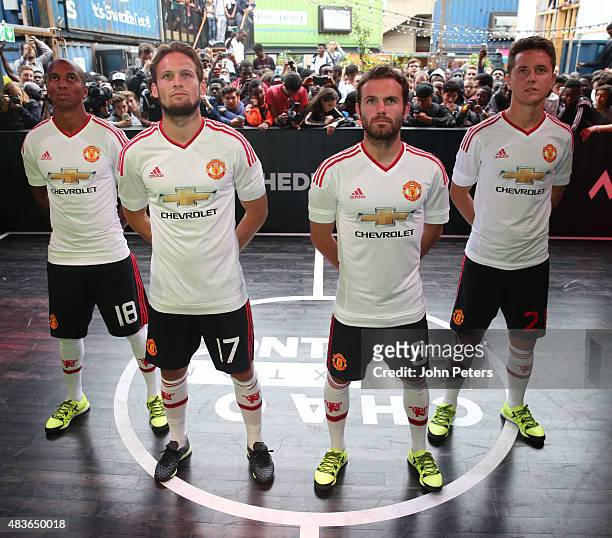 Ashley Young, Daley Blind, Juan Mata and Ander Herrera of Manchester United attend the global launch of the 2015-16 Manchester United away kit on...