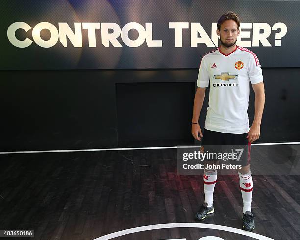 Daley Blind of Manchester United attends the global launch of the 2015-16 Manchester United away kit on August 11, 2015 in London, England.