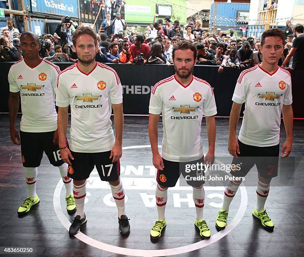 Ashley Young, Daley Blind, Juan Mata and Ander Herrera of Manchester United attend the global launch of the 2015-16 Manchester United away kit on...