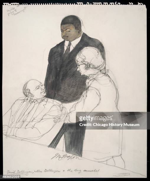 Dave Dellinger with wife Elizabeth Dellinger and a marshal, in a courtroom illustration during the trial of the Chicago Eight, Chicago, Illinois,...