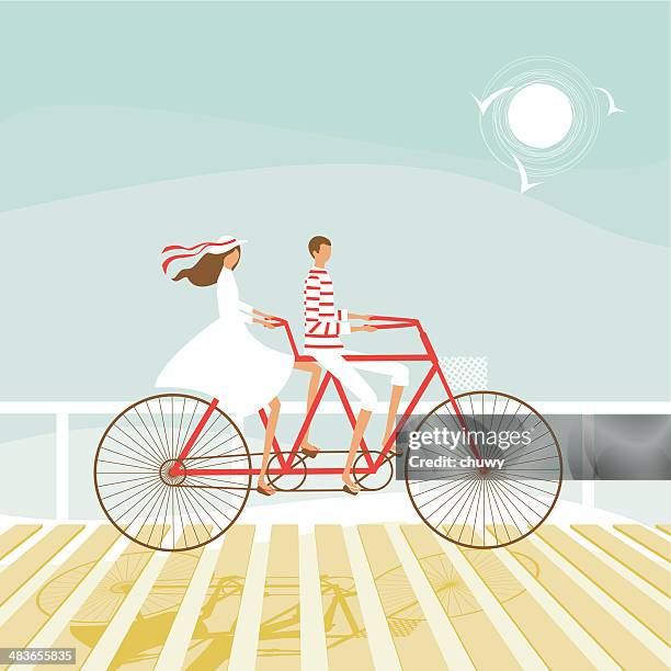 summer couple cycling on the beach - beach pier stock illustrations