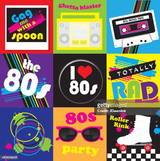eighties party themed icon set - short phrase stock illustrations