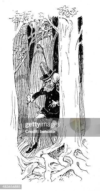 man running between trees - forest running man stock illustrations