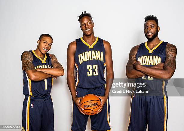 Joseph Young, Myles Turner and Rakeem Christmas of the Indiana Pacers poses for a portrait during the 2015 NBA rookie photo shoot on August 8, 2015...