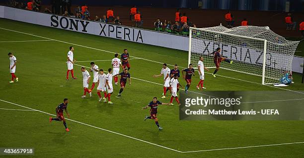 Lionel Messi of Barcelona celebrates scoring his first goal during the UEFA Super Cup between Barcelona and Sevilla FC at Dinamo Arena on August 11,...