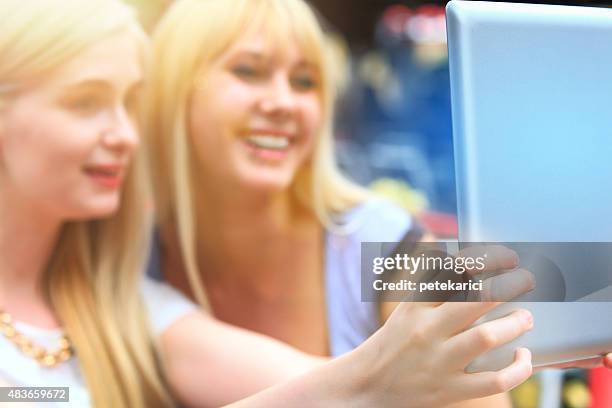 girls taking selfie - knez mihailova street stock pictures, royalty-free photos & images