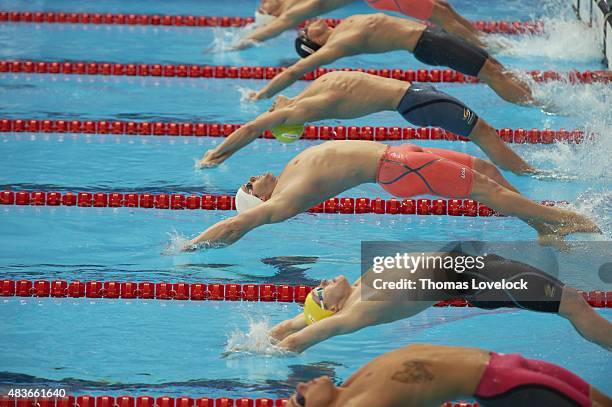 16th FINA World Championships: Overall view of start of Men's Backstroke race at Kazan Arena. Kazan, Russia 8/6/2015 CREDIT: Thomas Lovelock