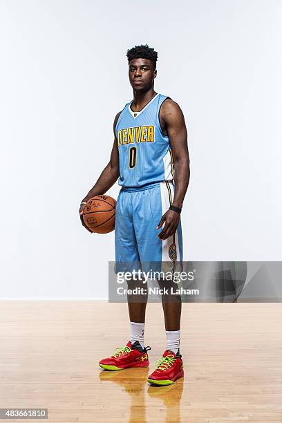 Emmanuel Mudiay of the Denver Nuggets poses for a portrait during the 2015 NBA rookie photo shoot on August 8, 2015 at the Madison Square Garden...