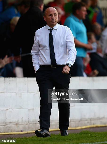 Accrington Stanley manager John Coleman during the Capital One Cup First Round match between Accrington Stanley and Hull City at Wham Stadium on...