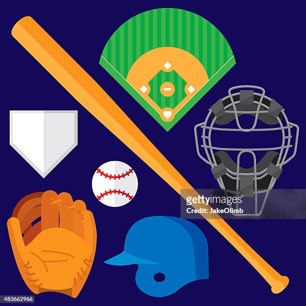 ilustrações, clipart, desenhos animados e ícones de itens de beisebol plana - capacete de beisebol