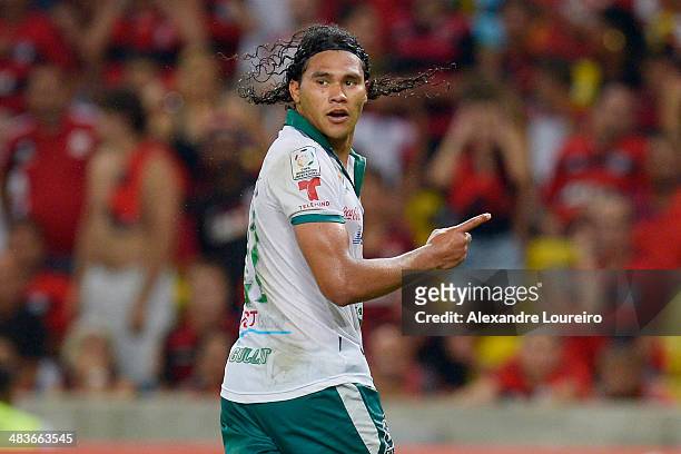 Carlos Pena of Leon celebrates a scored goal, the third of his team, during a match between Flamengo and Leon as part of Copa Bridgestone...