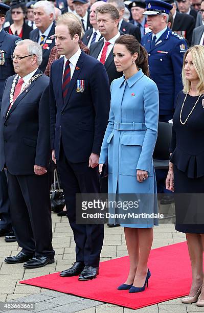 Catherine, Duchess of Cambridge and Prince William, Duke of Cambridge attend a wreath laying ceremony at the memorial in Seymour Square in Blenheim...