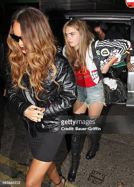 Rihanna and Cara Delevingne are seen arriving at the nigh-club on February 17, 2013 in London, United Kingdom.