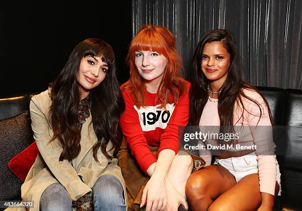 Zara Martin, Alice Levine and Bip Ling attend the launch of W London - Leicester Square's Britpop Vinyl Collection curated by DJ Lauren Laverne at W...