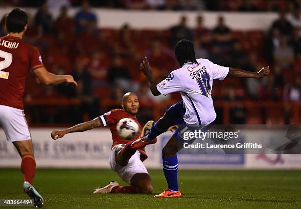 Romanine Sawyers of Walsall scores the third goal during the Capital One Cup First Round match between Nottingham Forest and Walsall at City Ground...