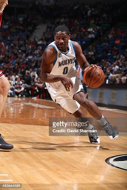April 9: Othyus Jeffers of the Minnesota Timberwolves dribbles up the court against the Chicago Bulls during the game on April 9, 2014 at Target...