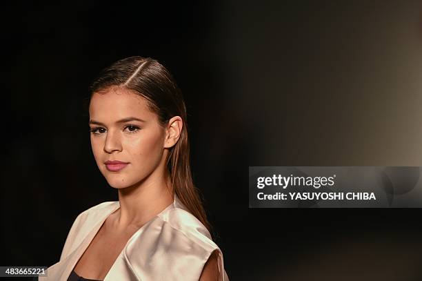 Brazilian actress Bruna Marquezine presents a creation by Coca-Cola jeans during the Fashion Rio 2015 Summer collection in Rio de Janeiro, Brazil, on...