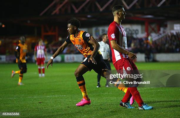 Chuba Akpom of Hull City turns to celebrate after scoring the first goal in extra time during the Capital One Cup First Round match between...