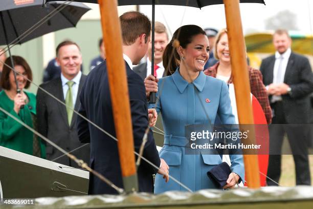 Prince William, Duke of Cambridge and Catherine, Duchess of Cambridge during a visit to Omaka Aviation Heritage Centre with Sir Peter Jackson on...