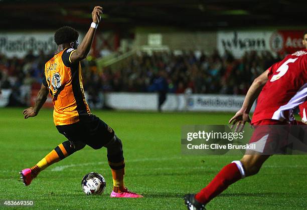 Chuba Akpom of Hull City scores the first goal in extra time during the Capital One Cup First Round match between Accrington Stanley and Hull City at...
