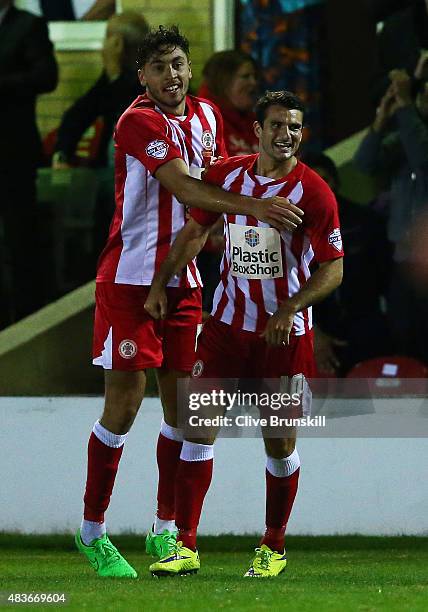 Terry Gornell of Accrington Stanley celebrates after scoring the equaliser in extra time during the Capital One Cup First Round match between...