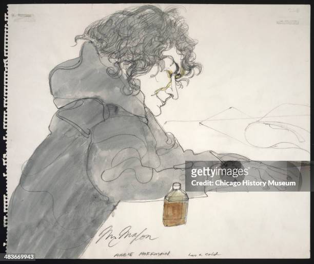 Abbie Hoffman with cold medicine, in a courtroom illustration during the trial of the Chicago Eight, Chicago, Illinois, late 1969 or early 1970. The...