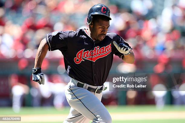 Michael Bourn of the Cleveland Indians runs during the game against the Los Angeles Angels of Anaheim at Angel Stadium of Anaheim on August 5, 2015...