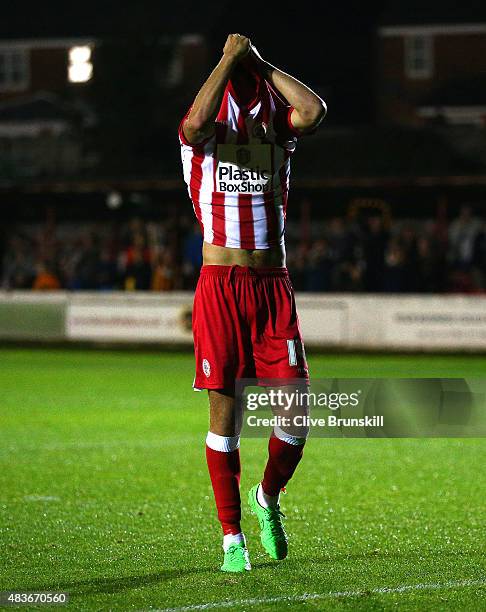 Matt Crooks of Accrington Stanley shows his despair after missing his penalty in the shoot out and handing victory to Hull City during the Capital...