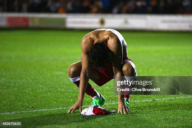 Matt Crooks of Accrington Stanley shows his despair after missing his penalty in the shoot out and handing victory to Hull City during the Capital...