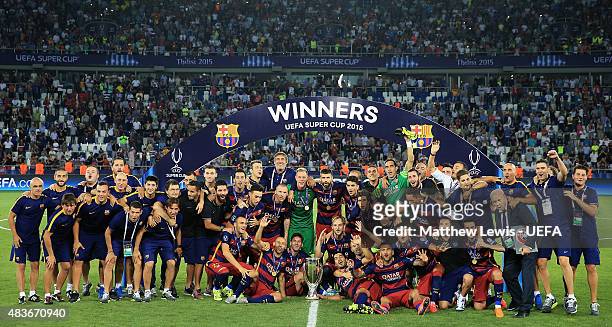 Barcelona celebrate winning the UEFA Super Cup, after defeating Seville FC during the UEFA Super Cup between Barcelona and Sevilla FC at Dinamo Arena...