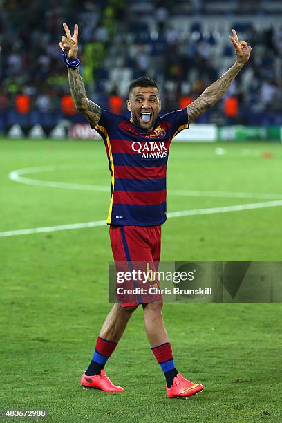 Dani Aleves of Barcelona celebrates after the UEFA Super Cup between Barcelona and Sevilla FC at Dinamo Arena on August 11, 2015 in Tbilisi, Georgia.