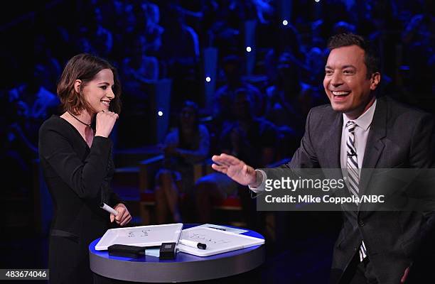 Actress Kristen Stewart and Jimmy Fallon play a game on "The Tonight Show Starring Jimmy Fallon" at Rockefeller Center on August 11, 2015 in New York...
