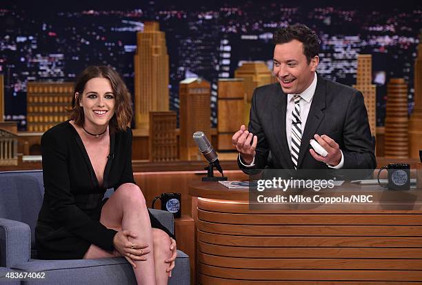 Actress Kristen Stewart is interviewed by Jimmy Fallon on "The Tonight Show Starring Jimmy Fallon" at Rockefeller Center on August 11, 2015 in New...